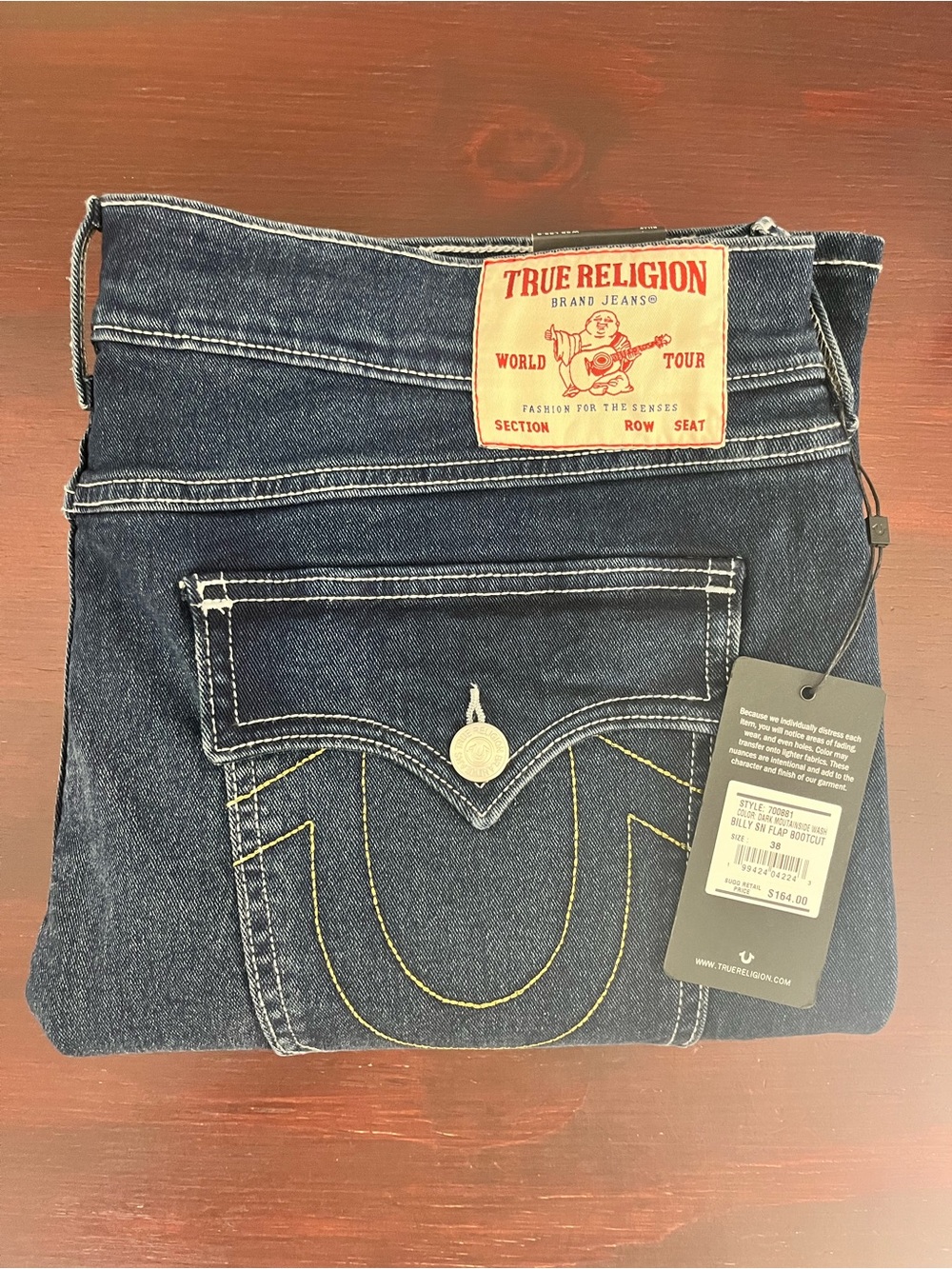 True Religion Jeans Billy SN Flap Bootcut Gold Stitch  Size 38x33.5 Blue 700881